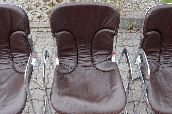 Italian Brown Leather and Chrome Dining Chairs from Cidue, 1960s, Set of 6-UF-1374404