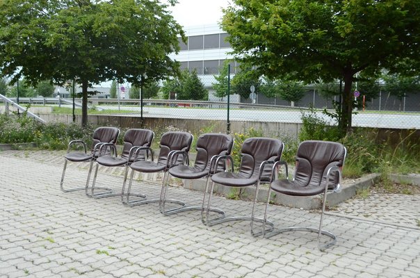 Italian Brown Leather and Chrome Dining Chairs from Cidue, 1960s, Set of 6-UF-1374404