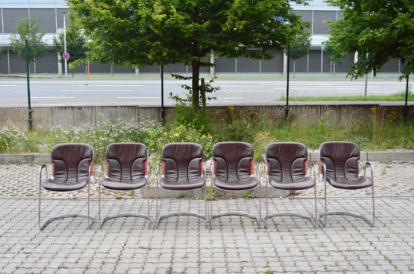 Italian Brown Leather and Chrome Dining Chairs from Cidue, 1960s, Set of 6-UF-1374404