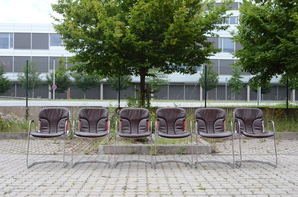 Italian Brown Leather and Chrome Dining Chairs from Cidue, 1960s, Set of 6-UF-1374404