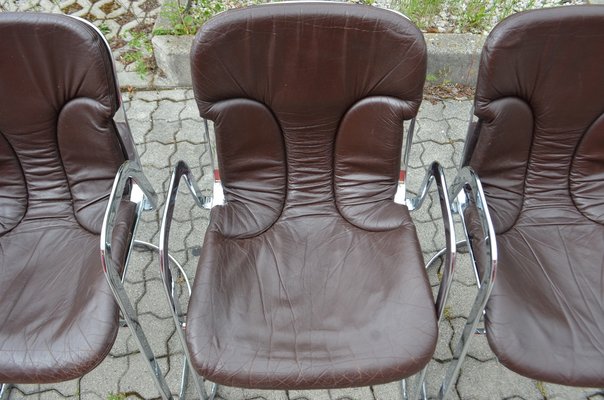 Italian Brown Leather and Chrome Dining Chairs from Cidue, 1960s, Set of 6-UF-1374404