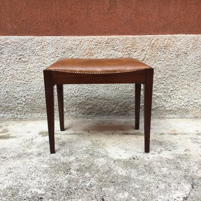 Italian Brown Leather and Wood Pouf, 1960s-GDD-1096862