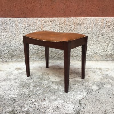 Italian Brown Leather and Wood Pouf, 1960s-GDD-1096862