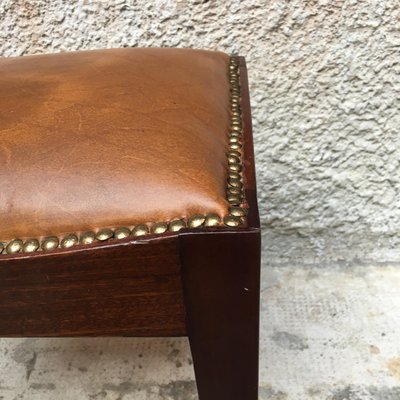 Italian Brown Leather and Wood Pouf, 1960s-GDD-1096862