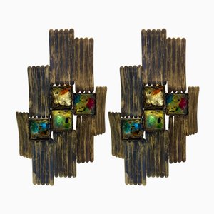 Italian Brutalist Gilt Metal and Glass Sconces, 1970s, Set of 2-FUE-1128611