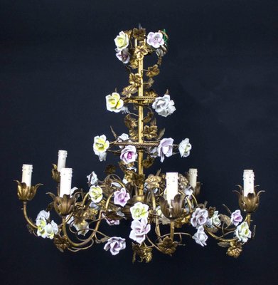 Italian Cage Form Chandelier with Porcelain Flowers-MBH-1066508