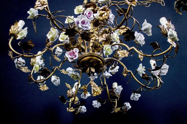 Italian Cage Form Chandelier with Porcelain Flowers-MBH-1066508