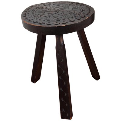 Italian Carved Wood Round Tripod Primitive Farm Milking Stool, 1960s-EUP-876727