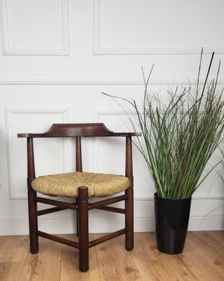 Italian Carved Wooden and Straw Armrest Tub Corner Chair, 1970s-EUP-2039445