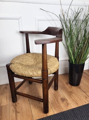 Italian Carved Wooden and Straw Armrest Tub Corner Chair, 1970s-EUP-2039445