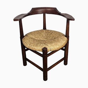 Italian Carved Wooden and Straw Armrest Tub Corner Chair, 1970s-EUP-2039445