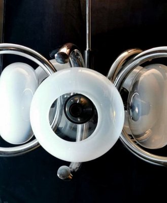 Italian Ceiling Lamp with 5 Flattened Spheres in Opaline Glass and Steel, 1970s-QRS-689299