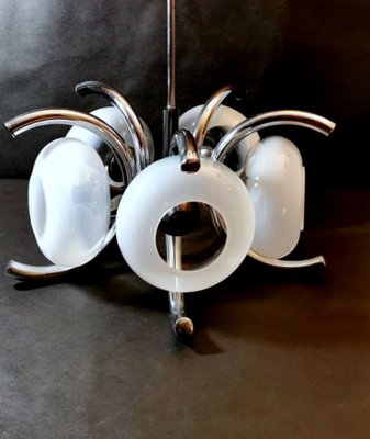 Italian Ceiling Lamp with 5 Flattened Spheres in Opaline Glass and Steel, 1970s-QRS-689299