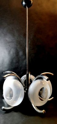 Italian Ceiling Lamp with 5 Flattened Spheres in Opaline Glass and Steel, 1970s-QRS-689299