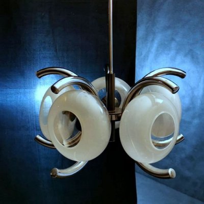 Italian Ceiling Lamp with 5 Flattened Spheres in Opaline Glass and Steel, 1970s-QRS-689299