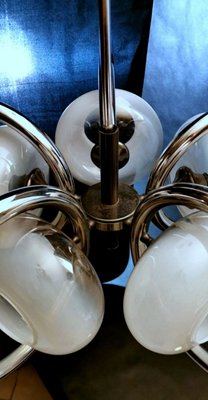 Italian Ceiling Lamp with 5 Flattened Spheres in Opaline Glass and Steel, 1970s-QRS-689299