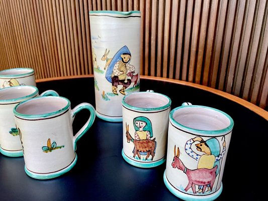 Italian Ceramic Mugs & Pitcher Tea Service with Hand-Painted Rural Image Motifs by Andrea Darienzo for Vietri, 1950s, Set of 7-JP-1720813