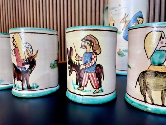 Italian Ceramic Mugs & Pitcher Tea Service with Hand-Painted Rural Image Motifs by Andrea Darienzo for Vietri, 1950s, Set of 7-JP-1720813