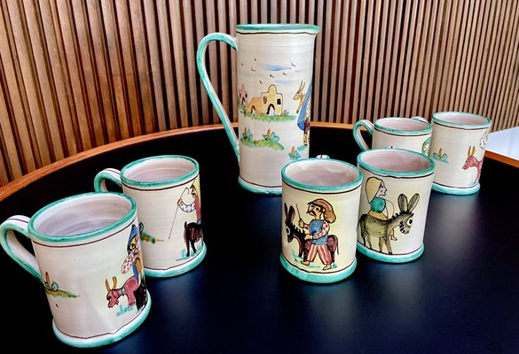 Italian Ceramic Mugs & Pitcher Tea Service with Hand-Painted Rural Image Motifs by Andrea Darienzo for Vietri, 1950s, Set of 7-JP-1720813