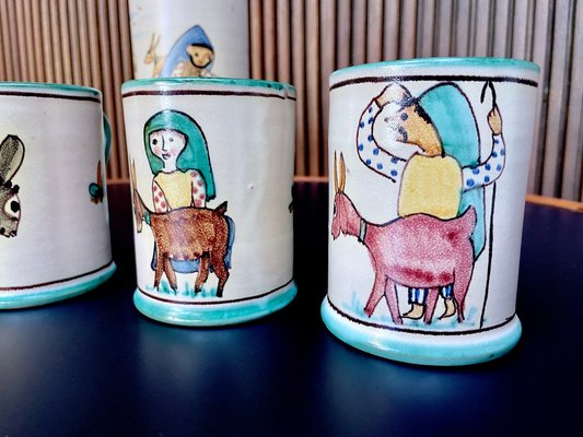 Italian Ceramic Mugs & Pitcher Tea Service with Hand-Painted Rural Image Motifs by Andrea Darienzo for Vietri, 1950s, Set of 7-JP-1720813