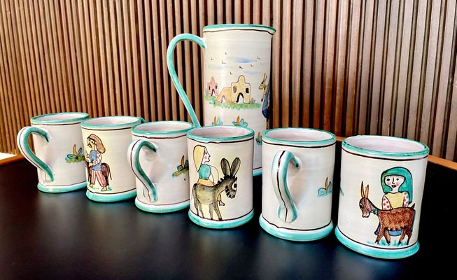 Italian Ceramic Mugs & Pitcher Tea Service with Hand-Painted Rural Image Motifs by Andrea Darienzo for Vietri, 1950s, Set of 7-JP-1720813