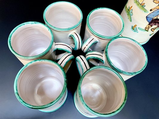 Italian Ceramic Mugs & Pitcher Tea Service with Hand-Painted Rural Image Motifs by Andrea Darienzo for Vietri, 1950s, Set of 7-JP-1720813