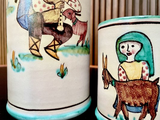 Italian Ceramic Mugs & Pitcher Tea Service with Hand-Painted Rural Image Motifs by Andrea Darienzo for Vietri, 1950s, Set of 7-JP-1720813