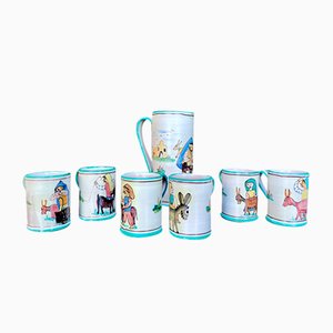 Italian Ceramic Mugs & Pitcher Tea Service with Hand-Painted Rural Image Motifs by Andrea Darienzo for Vietri, 1950s, Set of 7-JP-1720813