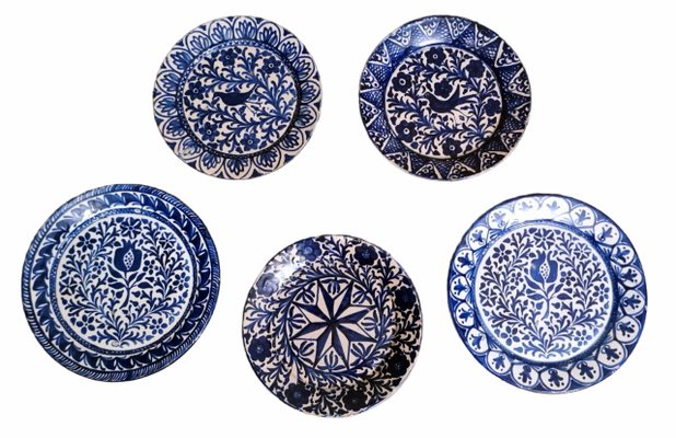 Italian Ceramic Plates with Cobalt Blue Decorations, Deruta, 1950s, Set of 5-QRS-1436254