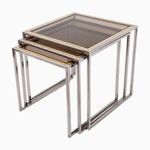 Italian Chrome & Brass Nesting Coffee Tables, 1970s, Set of 3-JDR-1125930