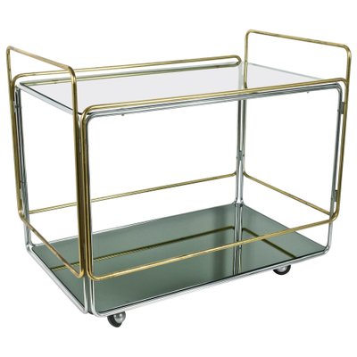 Italian Chrome Brass Smoked Glass and Mirror Bar Cart/Serving Table, 1970s-JDR-1126222