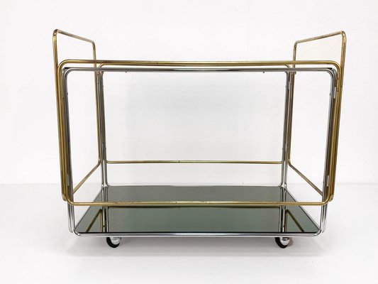 Italian Chrome Brass Smoked Glass and Mirror Bar Cart/Serving Table, 1970s-JDR-1126222