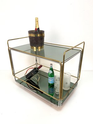 Italian Chrome Brass Smoked Glass and Mirror Bar Cart/Serving Table, 1970s-JDR-1126222