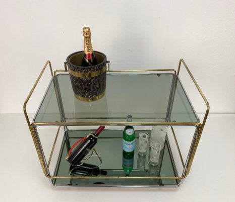 Italian Chrome Brass Smoked Glass and Mirror Bar Cart/Serving Table, 1970s-JDR-1126222