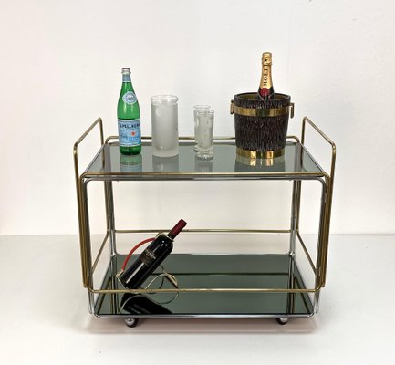 Italian Chrome Brass Smoked Glass and Mirror Bar Cart/Serving Table, 1970s-JDR-1126222