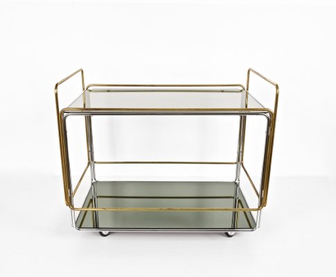 Italian Chrome Brass Smoked Glass and Mirror Bar Cart/Serving Table, 1970s-JDR-1126222