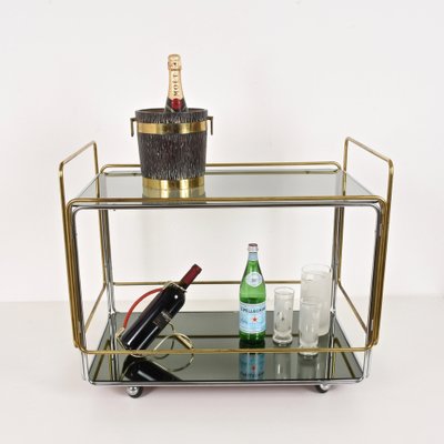 Italian Chrome Brass Smoked Glass and Mirror Bar Cart/Serving Table, 1970s-JDR-1126222