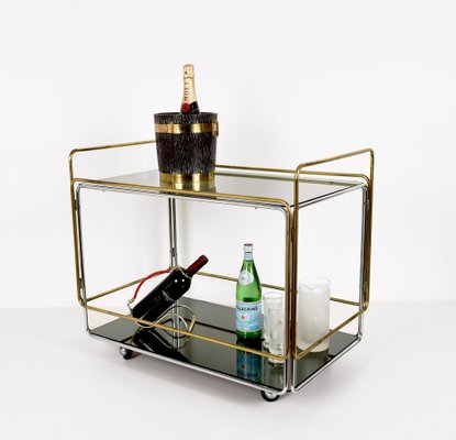 Italian Chrome Brass Smoked Glass and Mirror Bar Cart/Serving Table, 1970s-JDR-1126222