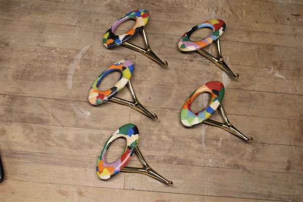 Italian Coat Hangers in Brass & Colored Plastic, 1950s, Set of 5-EH-1318633