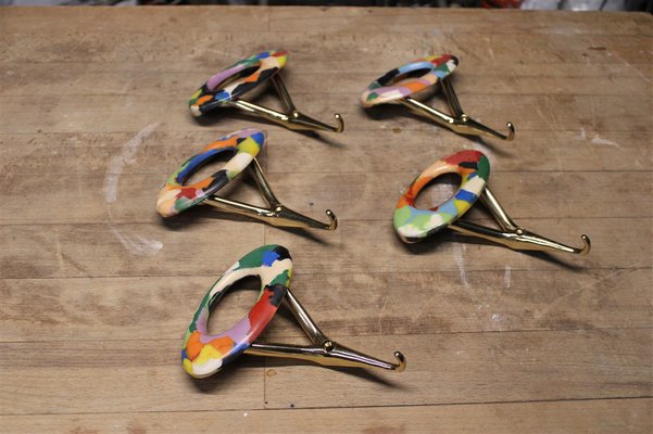 Italian Coat Hangers in Brass & Colored Plastic, 1950s, Set of 5-EH-1318633