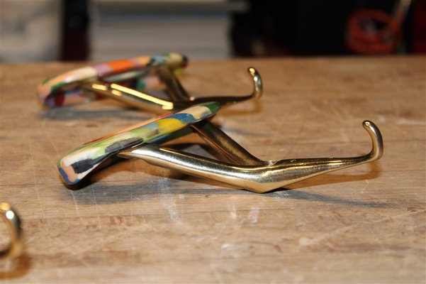 Italian Coat Hangers in Brass & Colored Plastic, 1950s, Set of 5-EH-1318633