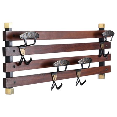 Italian Coat Rack in Teak, Brass and Black Enameled Iron, Italy, 1960s-JDR-1750900