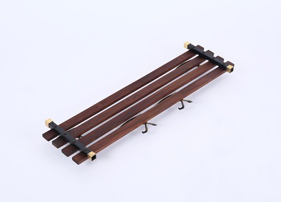 Italian Coat Rack in Teak, Brass and Black Enameled Iron, Italy, 1960s-JDR-1750900