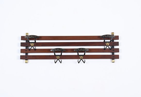 Italian Coat Rack in Teak, Brass and Black Enameled Iron, Italy, 1960s-JDR-1750900