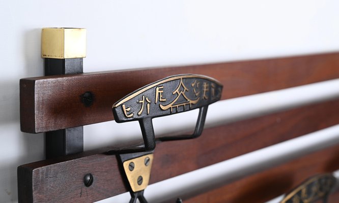 Italian Coat Rack in Teak, Brass and Black Enameled Iron, Italy, 1960s-JDR-1750900