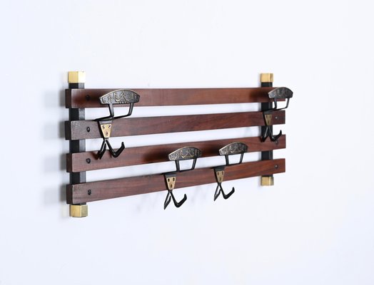 Italian Coat Rack in Teak, Brass and Black Enameled Iron, Italy, 1960s-JDR-1750900