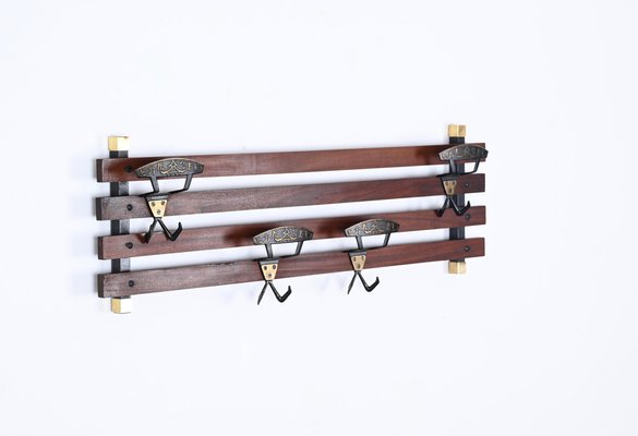 Italian Coat Rack in Teak, Brass and Black Enameled Iron, Italy, 1960s-JDR-1750900