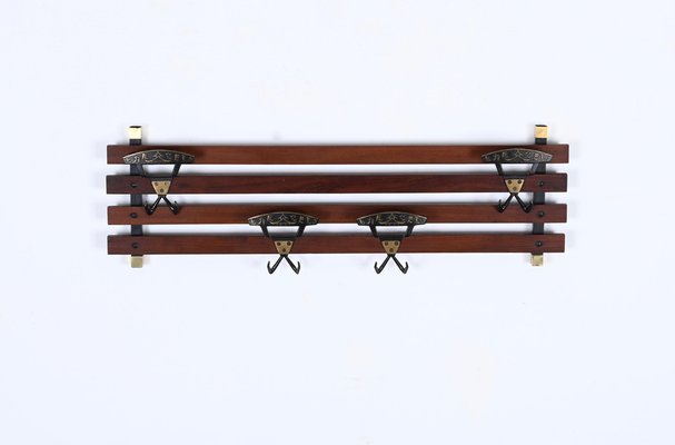 Italian Coat Rack in Teak, Brass and Black Enameled Iron, Italy, 1960s-JDR-1750900