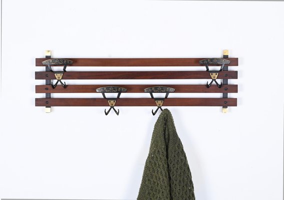 Italian Coat Rack in Teak, Brass and Black Enameled Iron, Italy, 1960s-JDR-1750900