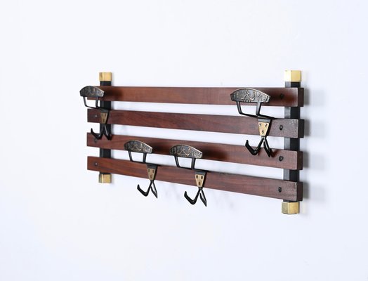 Italian Coat Rack in Teak, Brass and Black Enameled Iron, Italy, 1960s-JDR-1750900